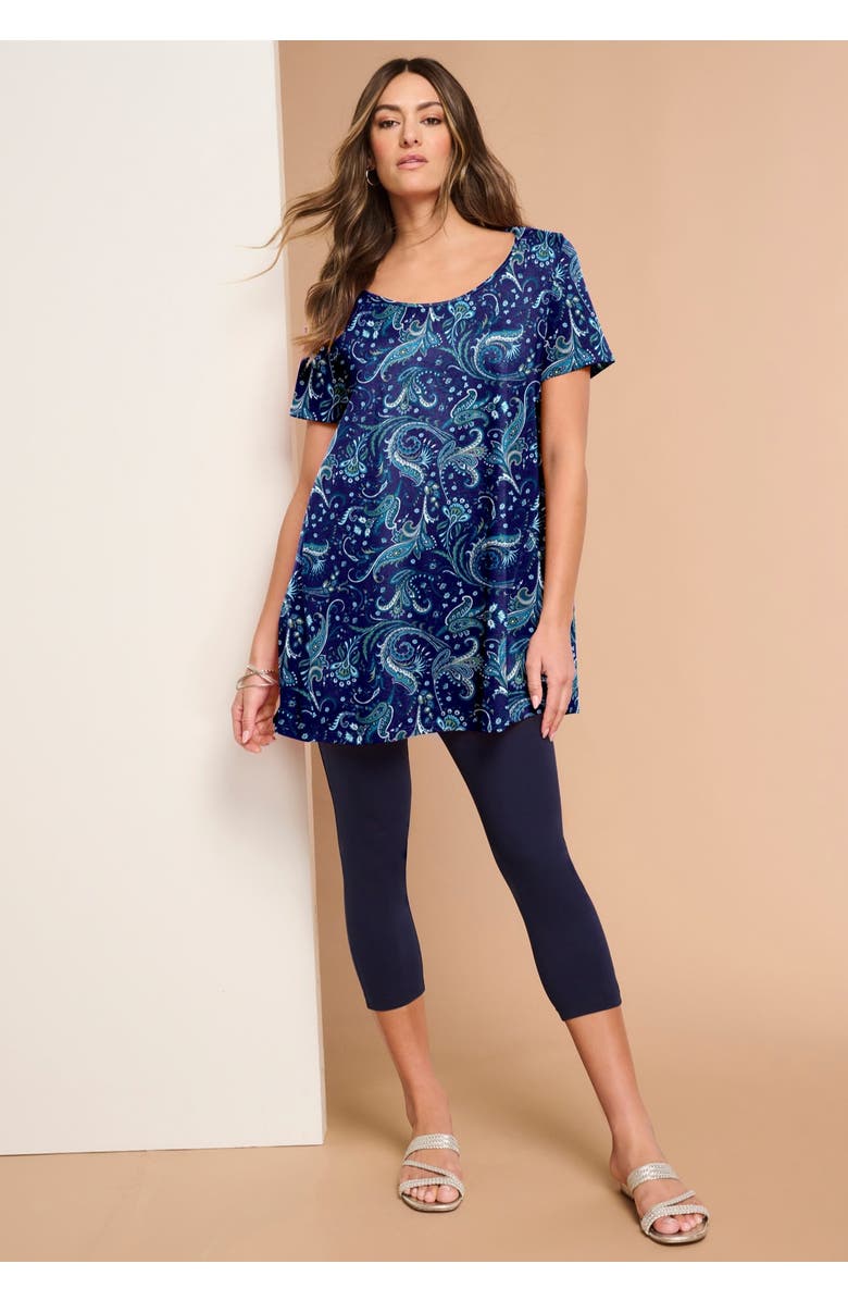 Roaman's Plus Size Cotton Ultimate Scoopneck Swing Tunic, Alternate, color, Black Watercolor Flowers