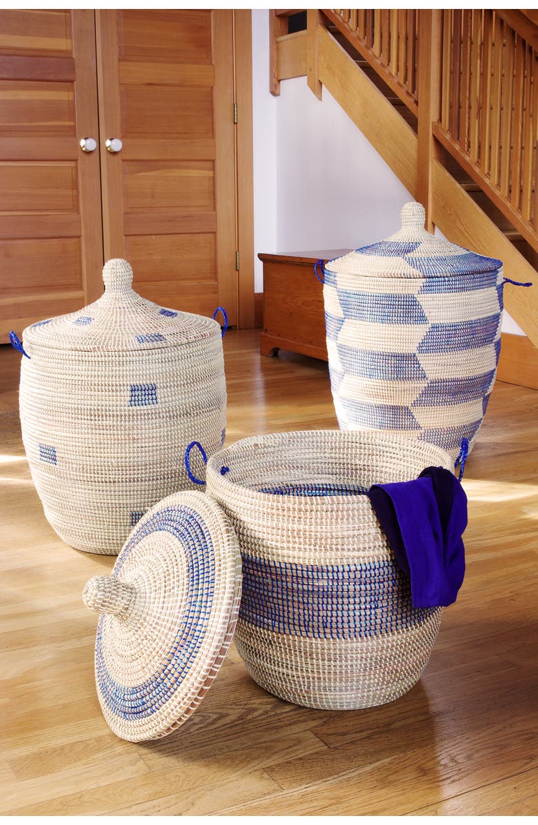 African Modern Set of Three Blue and Cream Mixed Pattern Hampers, Alternate, color, Blue And Cream