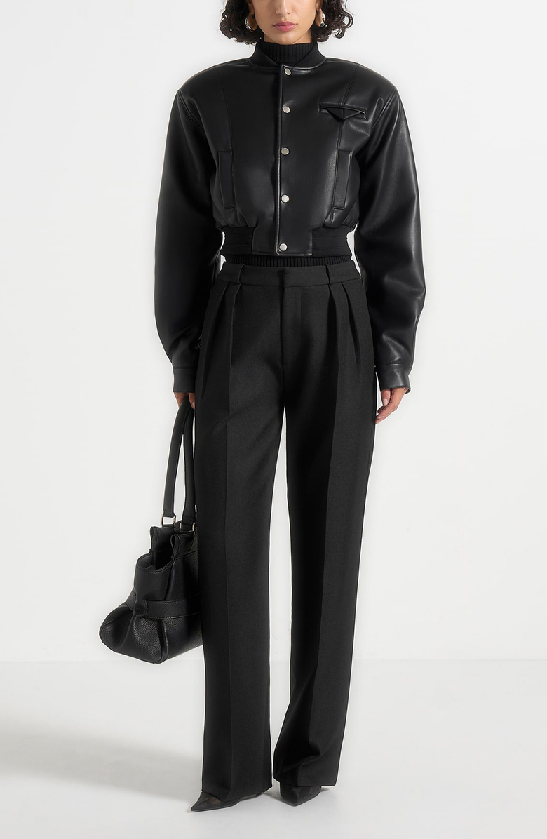 Manière De Voir Zina Leather Wide Shoulder Bomber Jacket, Alternate, color, Black