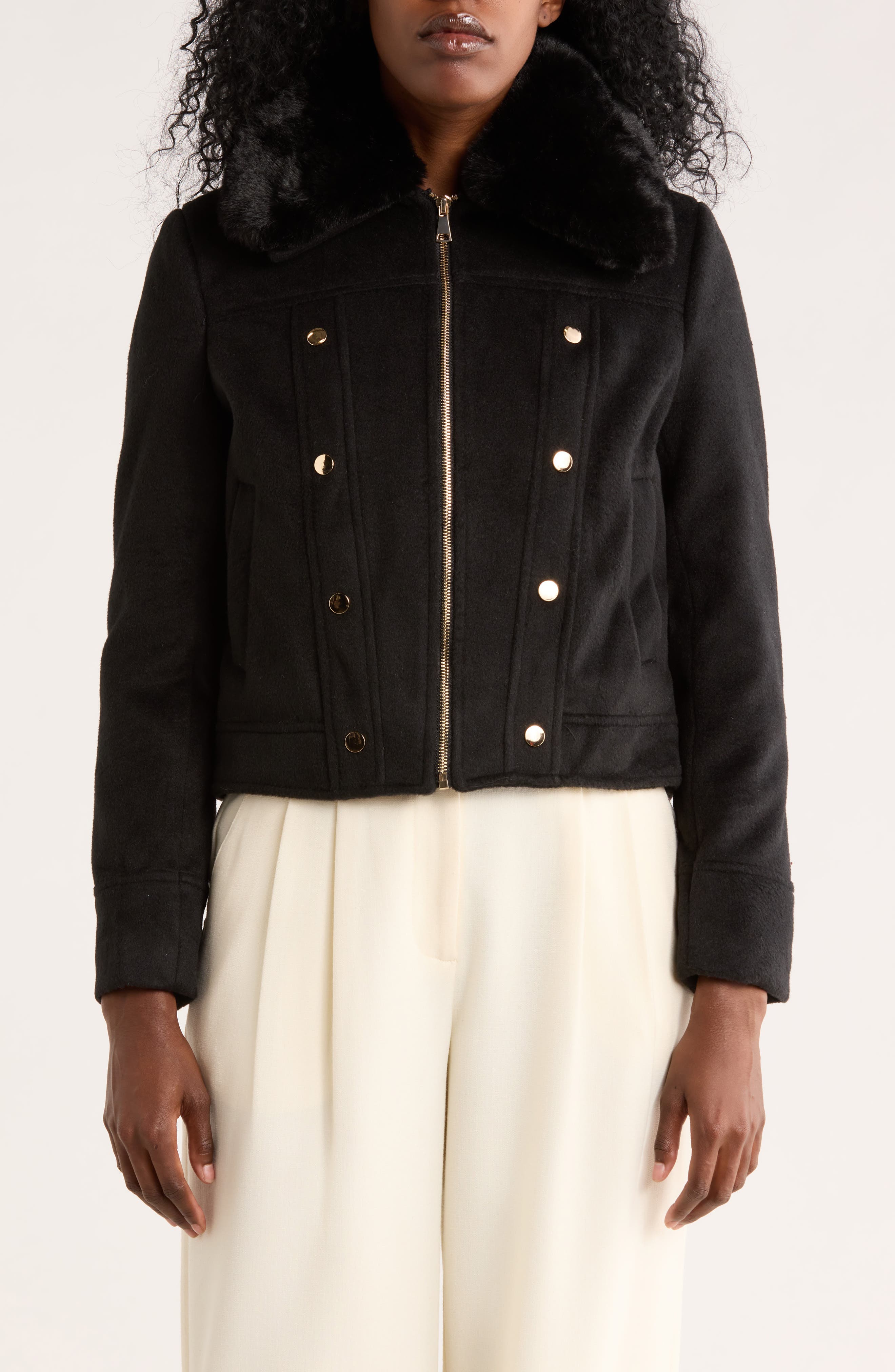 La Fiorentina Crop Jacket with Faux Fur Collar