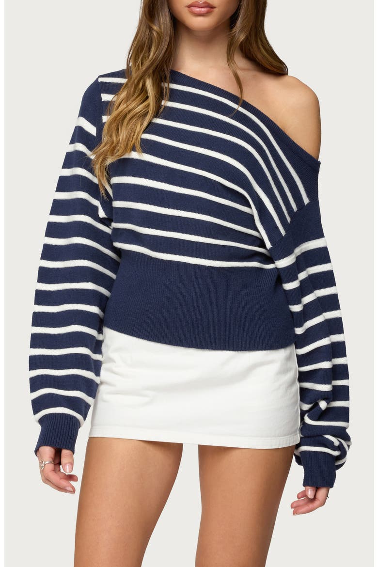 Mika Stripe Oversize Off the Shoulder Sweater, Main, color, NAVY