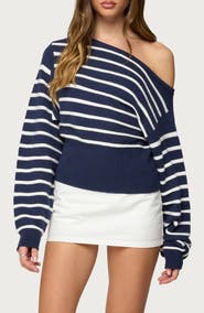 EDIKTED Mika Stripe Oversize Off the Shoulder Sweater