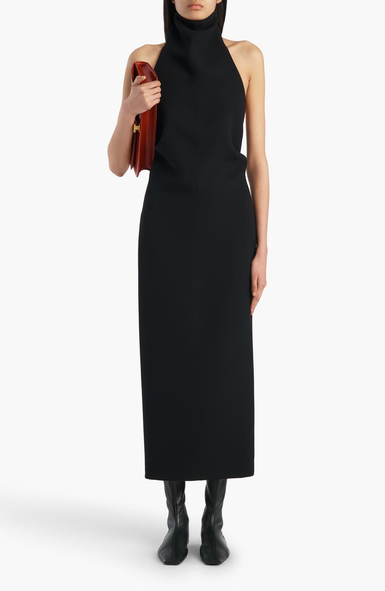 Khaite Roxanne Funnel Neck Double Face Crepe Halter Dress, Main, color, Black