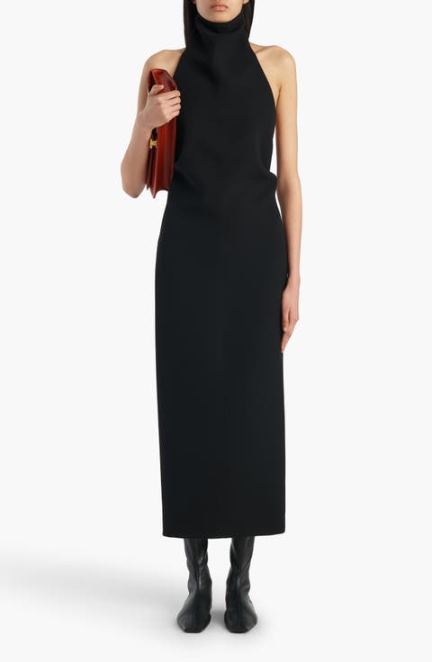 Roxanne Funnel Neck Double Face Crepe Halter Dress