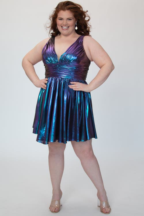 Sydney's Closet Bra-friendly Iridescent A-line Party Dress In Blue