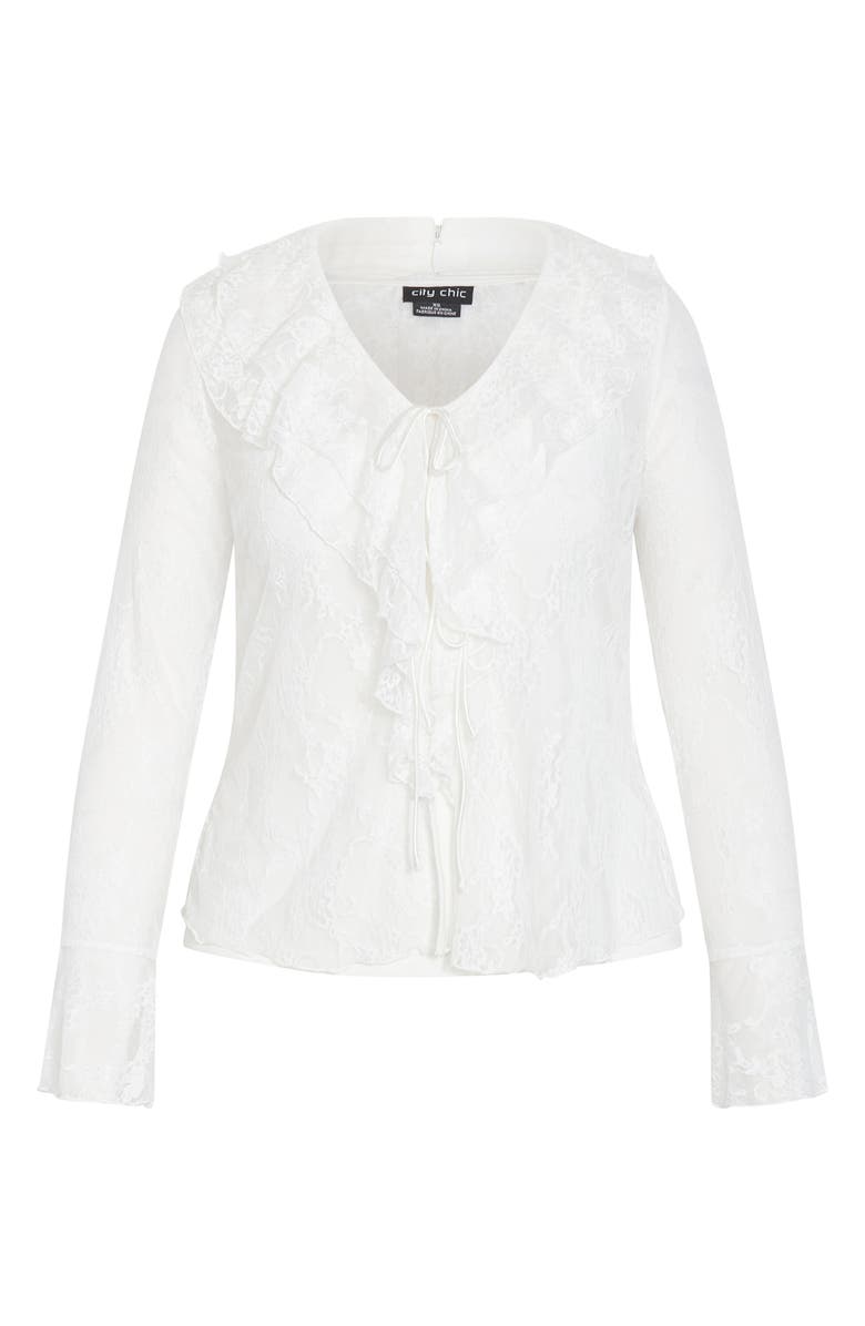 City Chic Lacie Ruffle Long Sleeve Lace Top, Alternate, color, Ivory Lace
