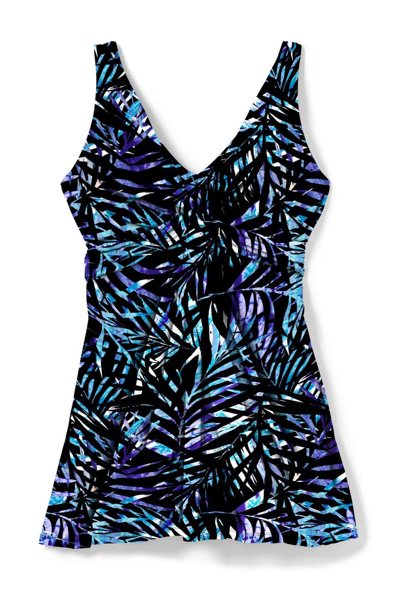 Twist Front V Neck Tummy Control A Line Swim Dress, Alternate, color, BLUE PAINTERLY LEAVES