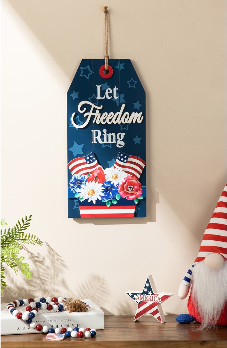 Glitzhome Patriotic Americana Wooden Word Sign Door Hanger, Alternate, color, 