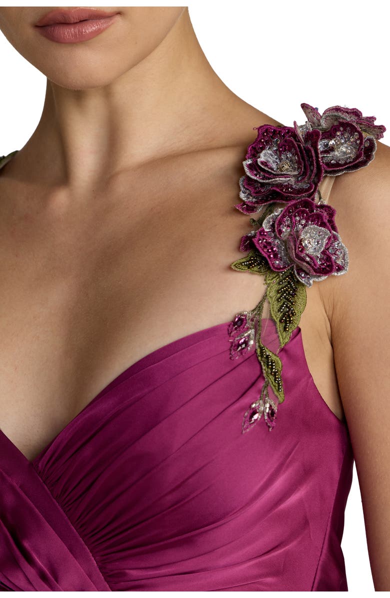 Mac Duggal Petite Pleated High Low Gown With 3D Floral Straps, Alternate, color, Magenta