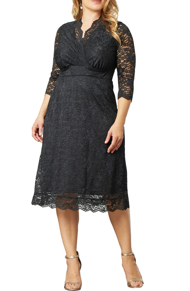 Kiyonna Scalloped Boudoir Lace Sheath Dress, Main, color, Onyx