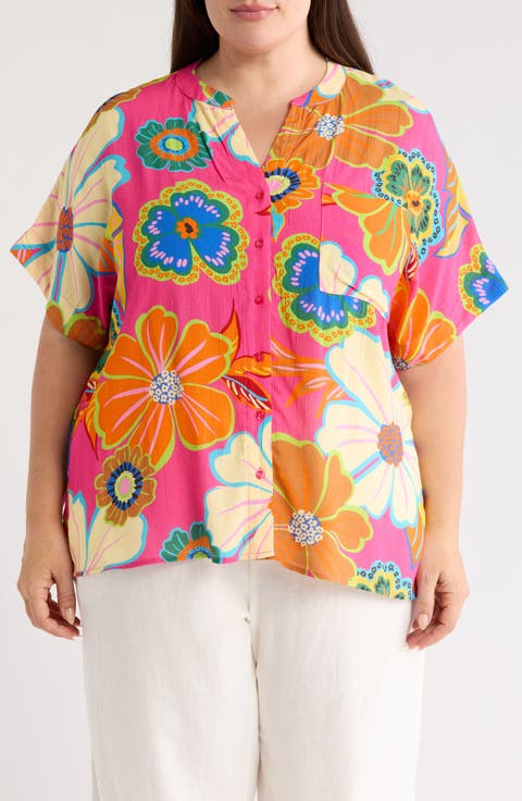 Elbow Sleeve Button-Up Shirt (Plus)