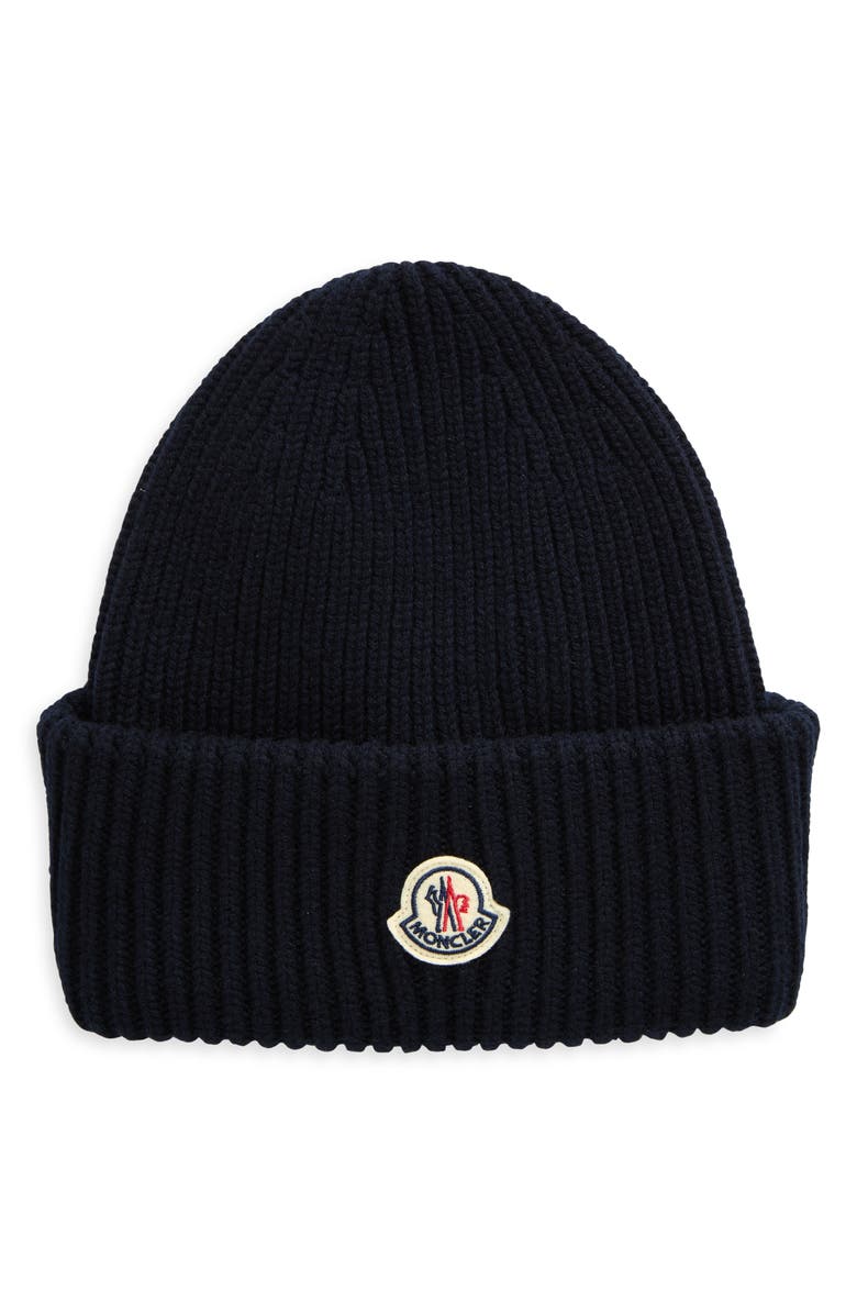 Moncler Logo Cuff Virgin Wool & Cashmere Blend Beanie, Main, color, Navy Blue