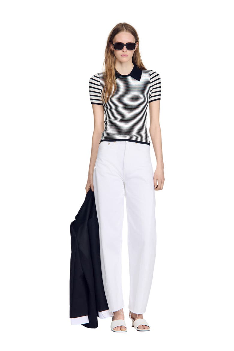Striped polo-style sweater, Alternate, color, Black / ecru
