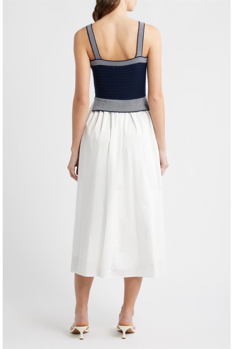 Crochet Top Mixed Media Midi Dress, Alternate, color, NAVY/ OFF WHITE