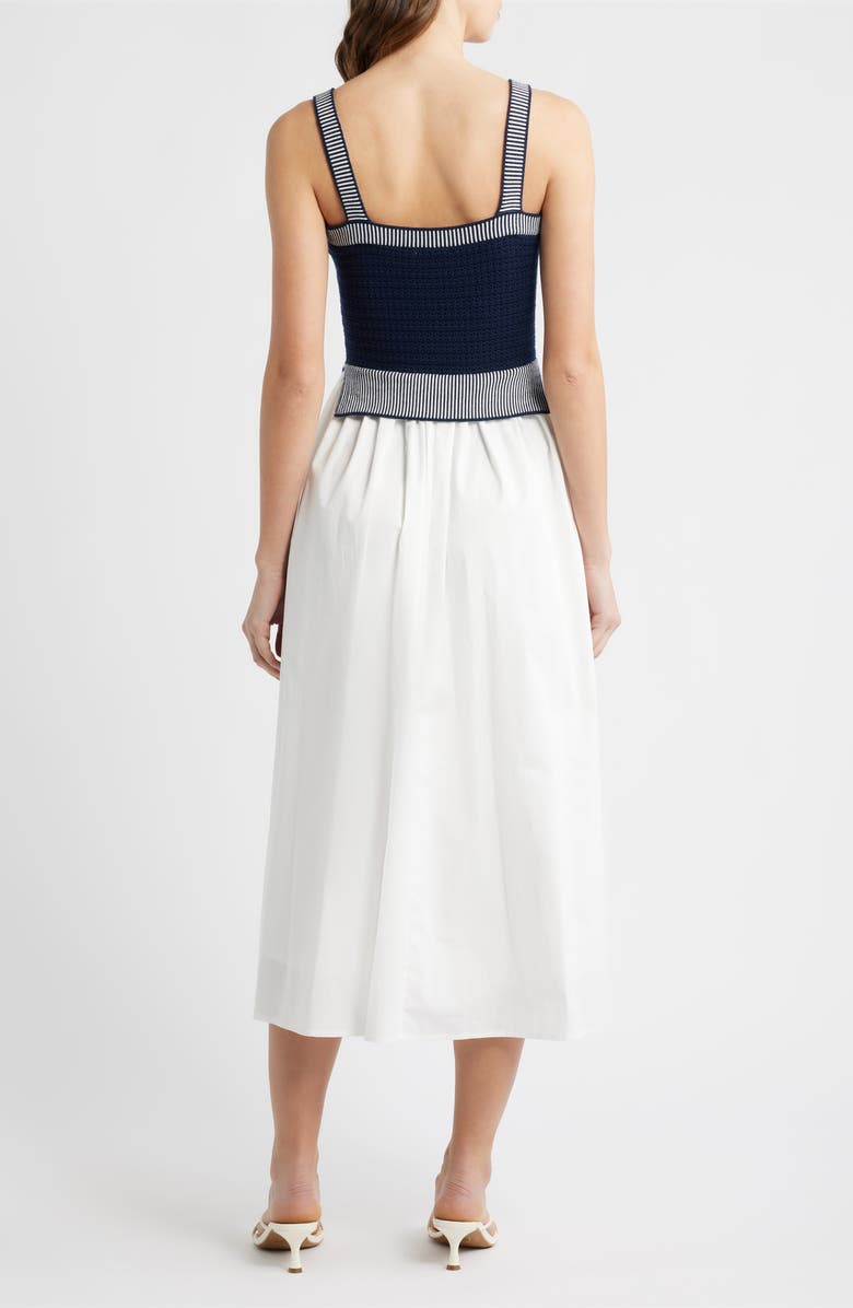 MOON RIVER Crochet Top Mixed Media Midi Dress, Alternate, color, Navy/ Off White