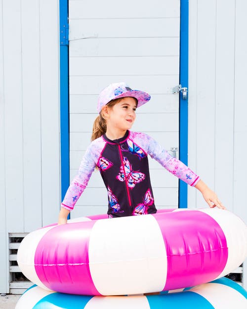 DEUX PAR DEUX DEUX PAR DEUX LITTLE GIRL'S PRINTED LONG SLEEVE ONE-PIECE RASHGUARD BLACK AND MULTICOLORED BUTTERFLI