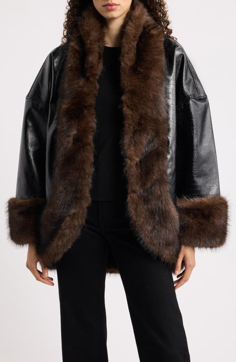 Carrie Croc Embossed Faux Leather Coat with Faux Fur Trim