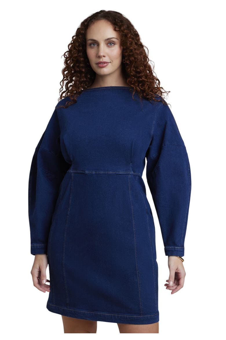 Seamed Denim Mini Dress (plus), Alternate, color, DARK WASH
