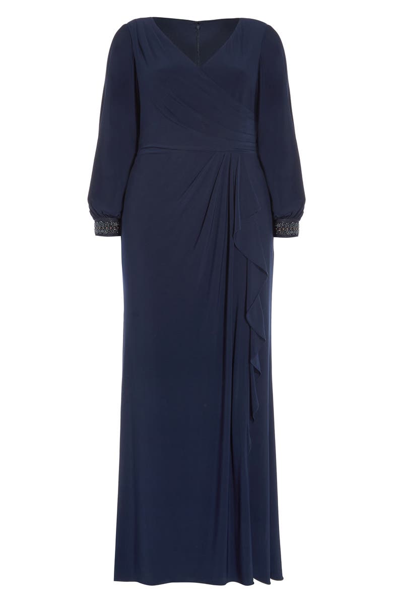 Adrianna Papell Draped Beaded Long Sleeve Jersey Gown, Alternate, color,