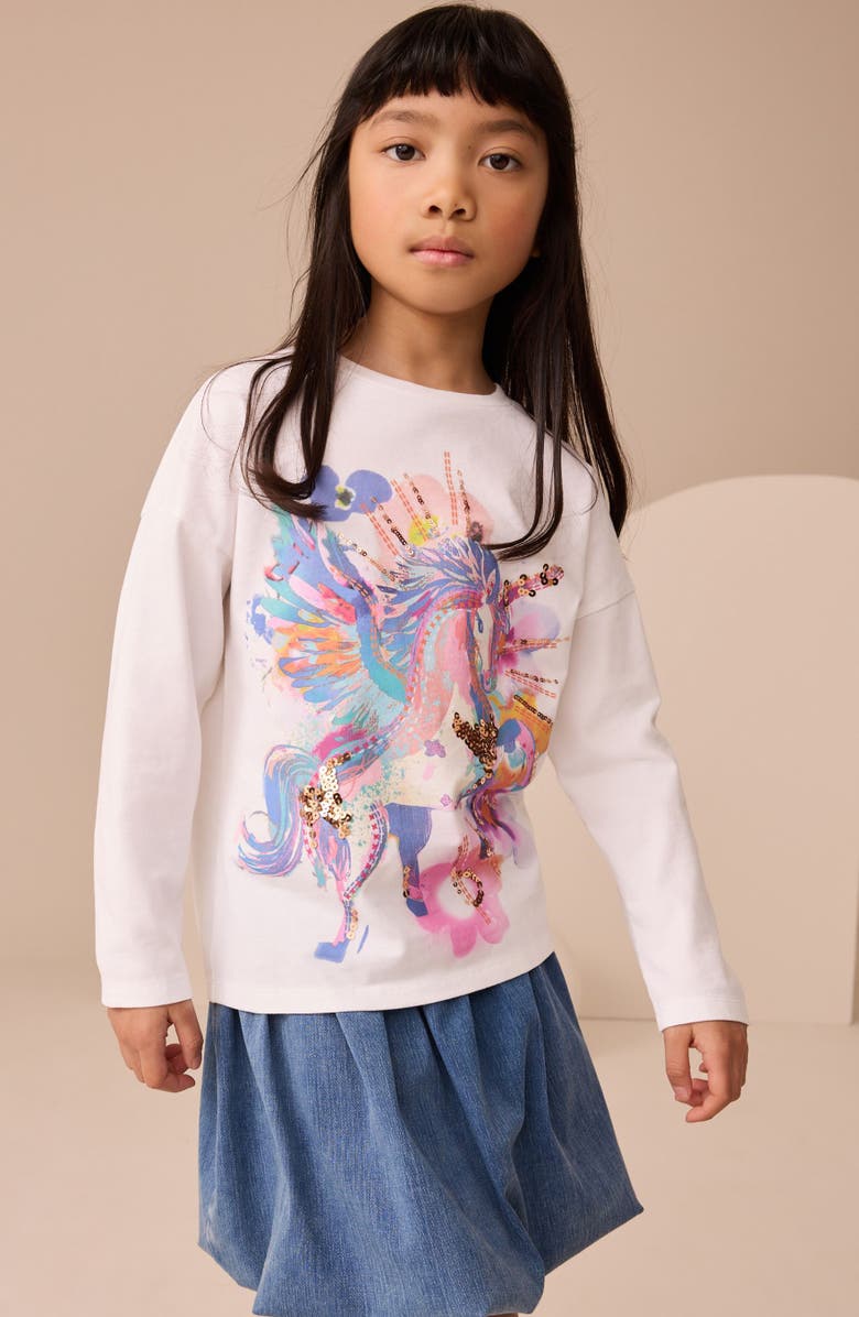 NEXT Kids' Unicorn Long Sleeve Cotton Graphic T-Shirt, Alternate, color, White