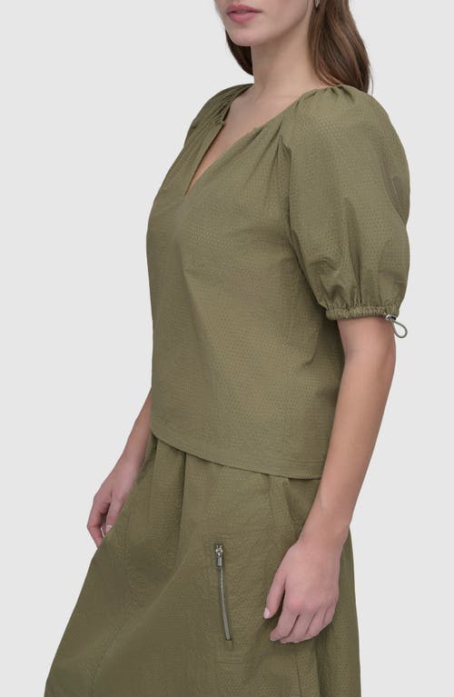 Shop Dkny Perforated Drawcord Puff Sleeve Top In Utility Green