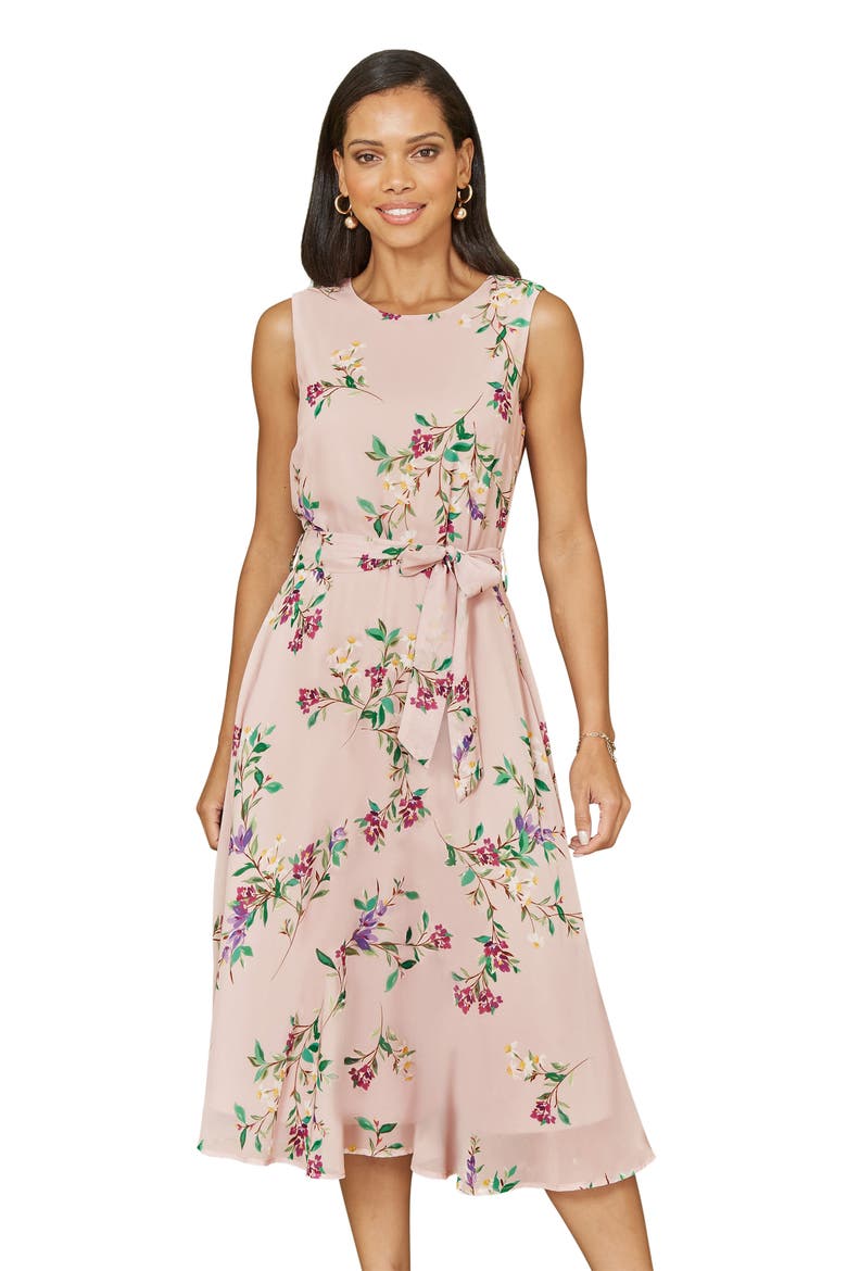 Sleeveless Tie Waist Printed Midi Dress, Alternate, color, Pink