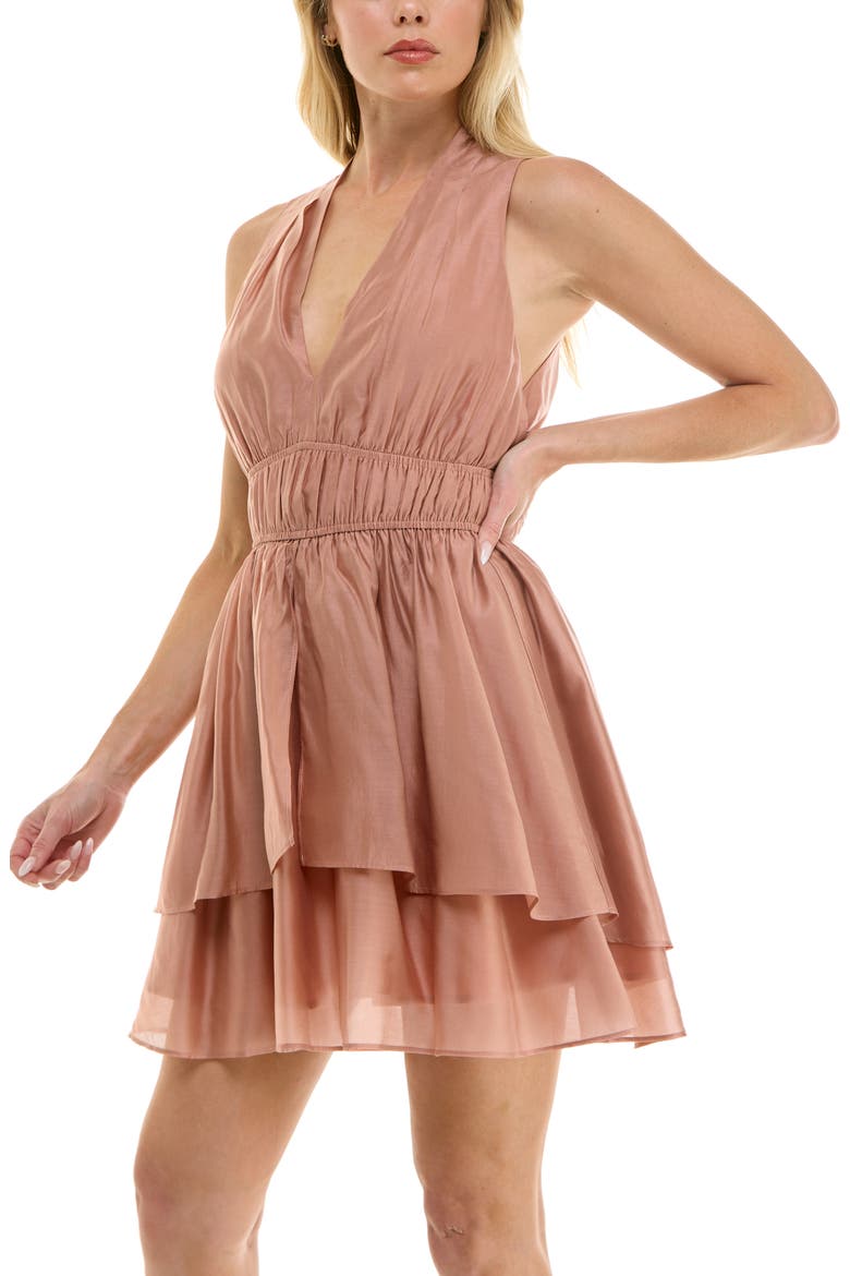 V-Neck Tiered Peplum Minidress, Alternate, color, MACAROON