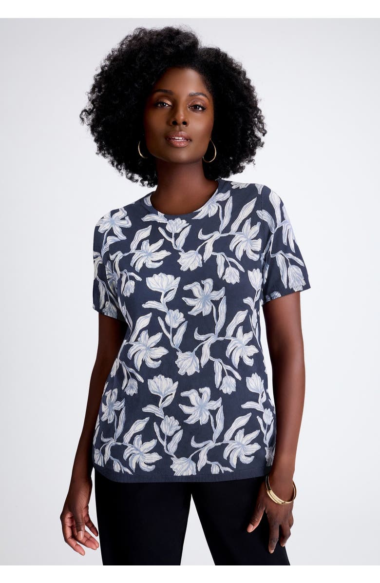 Jessica London Fine Gauge Crewneck Knit Shell, Main, color, Blue Pretty Floral