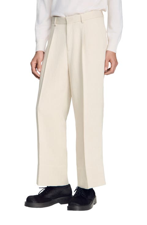 Pleated Wide-leg Cotton Linen Trousers