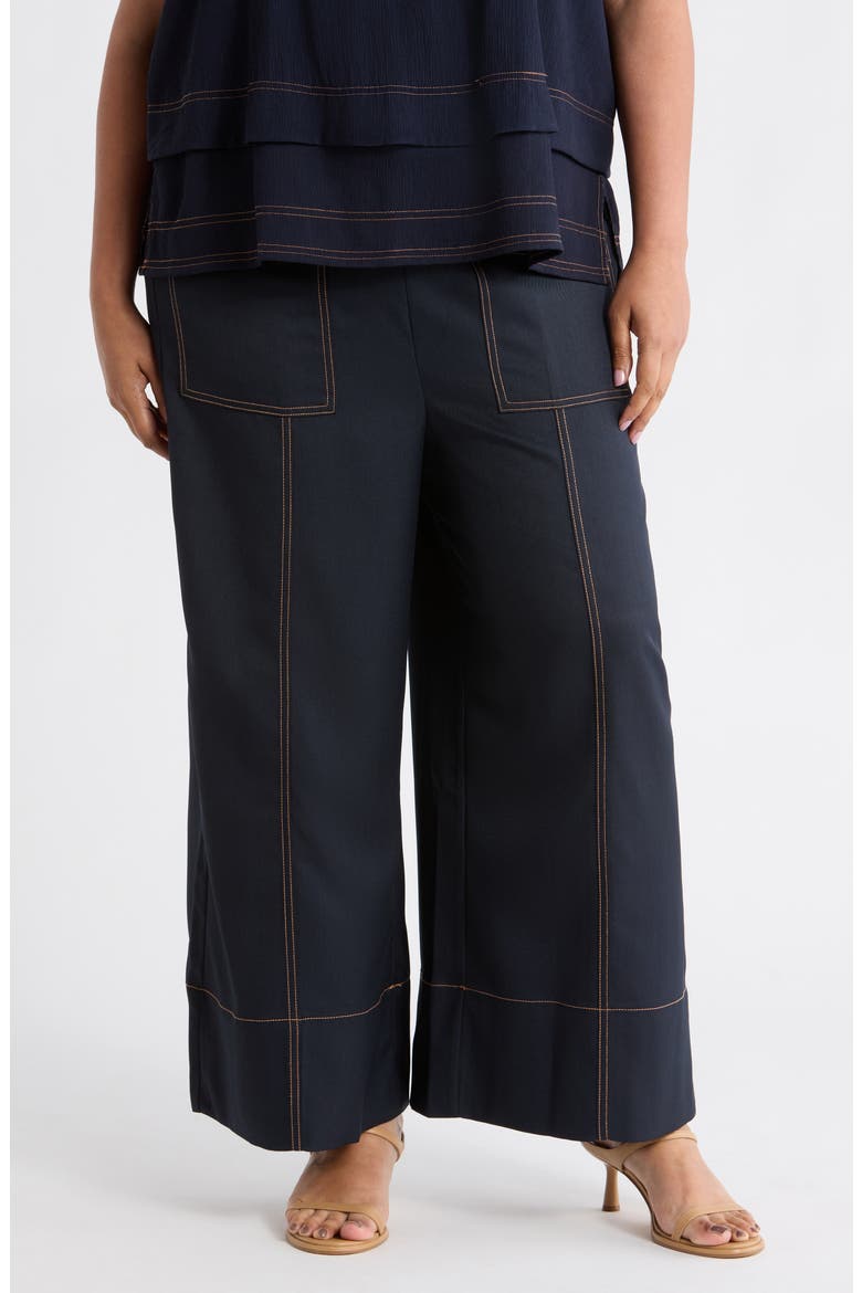 Topstitched Wide Leg Pull-On Pants, Main, color, NAVY/ KHAKI