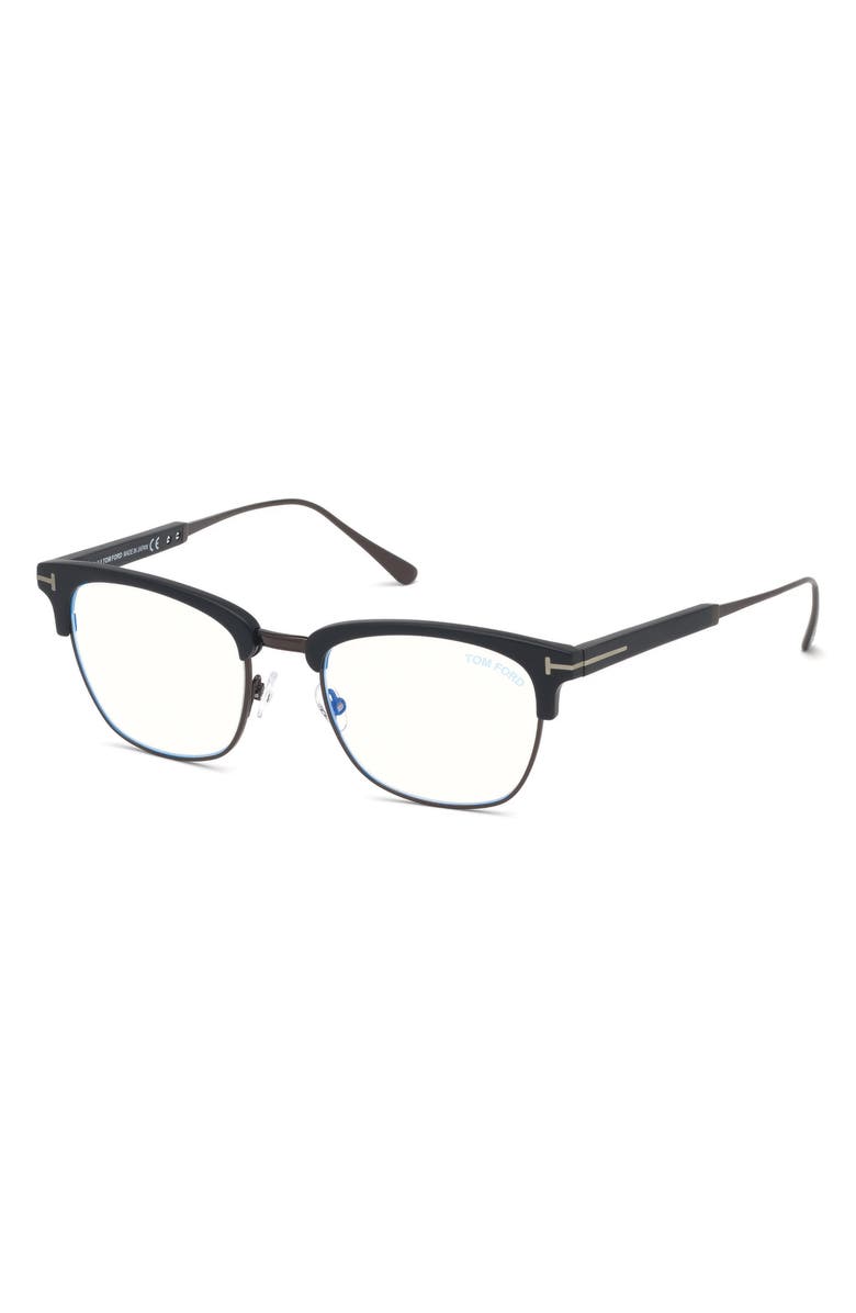 TOM FORD 52mm Geometric Blue Light Blocking Optical Glasses, Alternate, color, Black Ruthenium / Blue Block