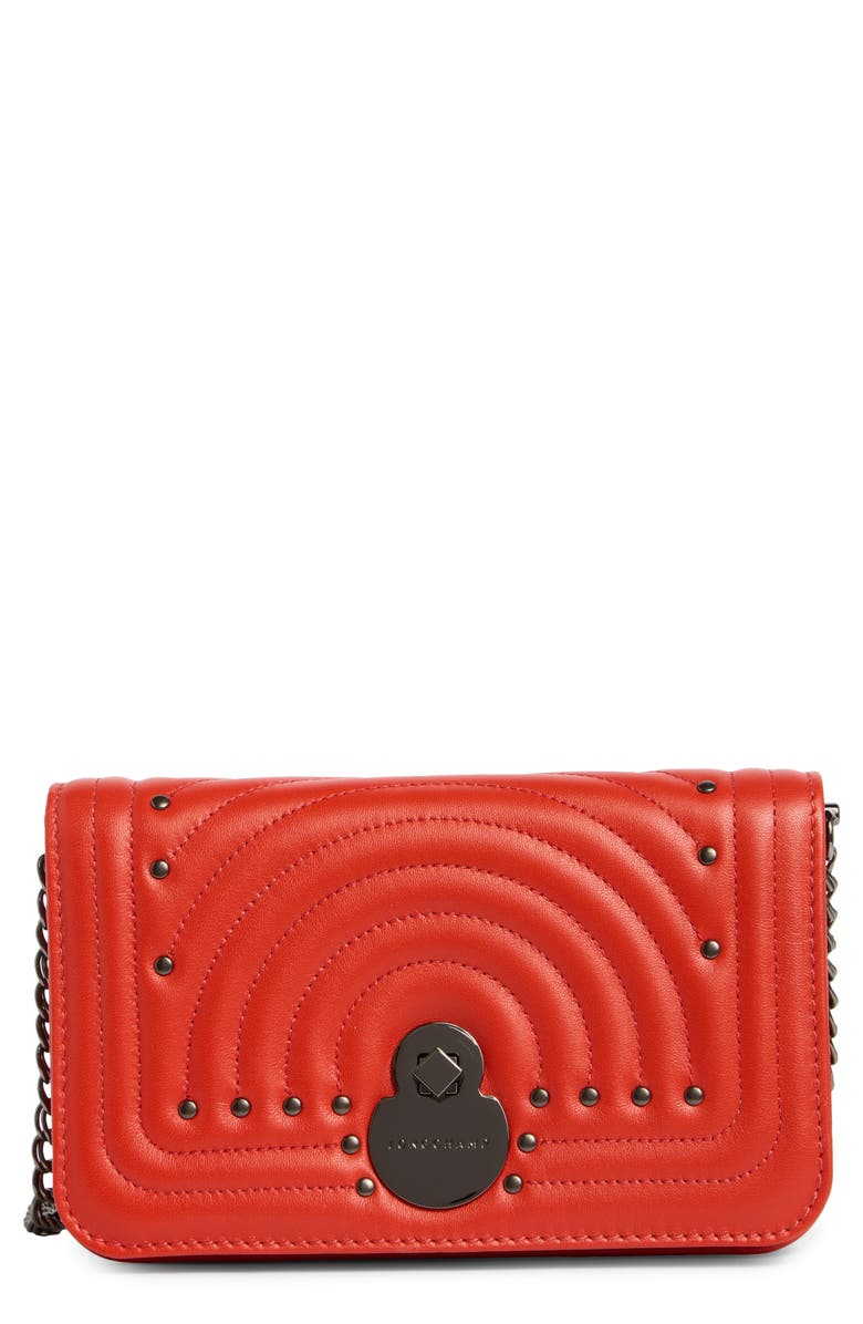 Longchamp Quilted Leather Wallet on a Chain, Main, color, Poppy