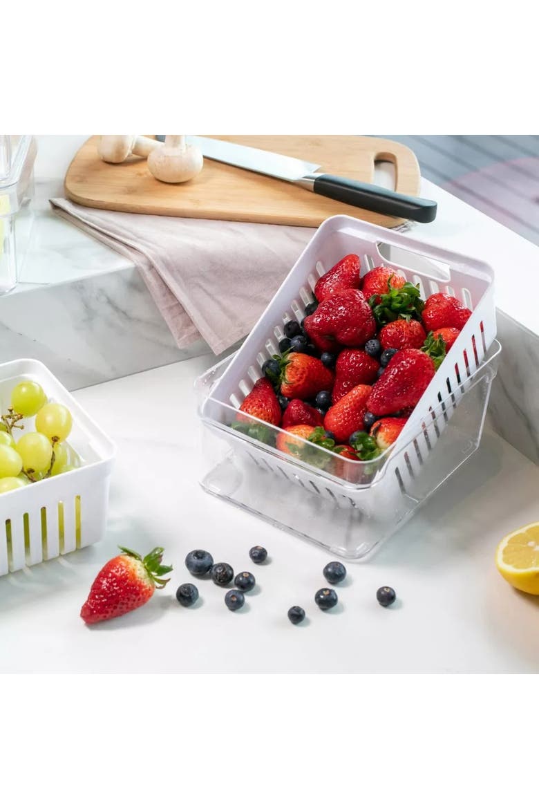 Clear Stackable Fridge Organizer Bin with Drain Basket and Vented Lid, 2.3 Quart Capacity, Alternate, color, Clear with White Drainer