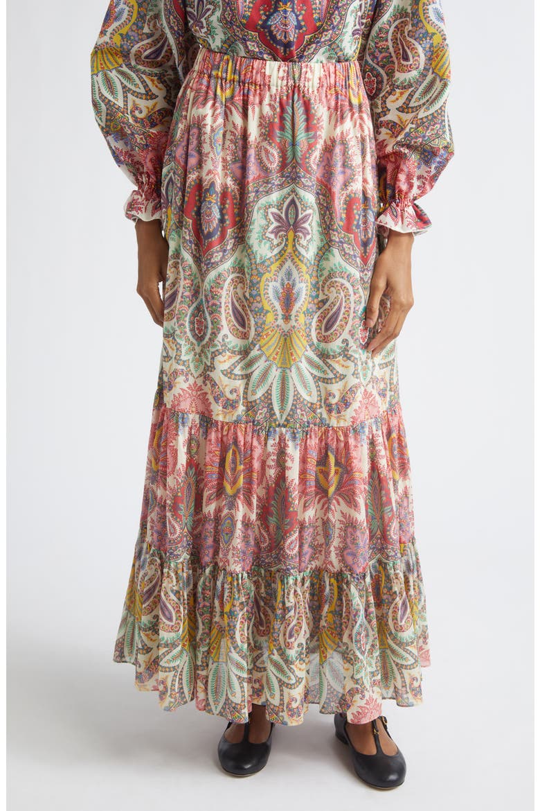 Paisley Print Cotton Tiered Maxi Skirt, Main, color, PRINT ON WHITE BASE