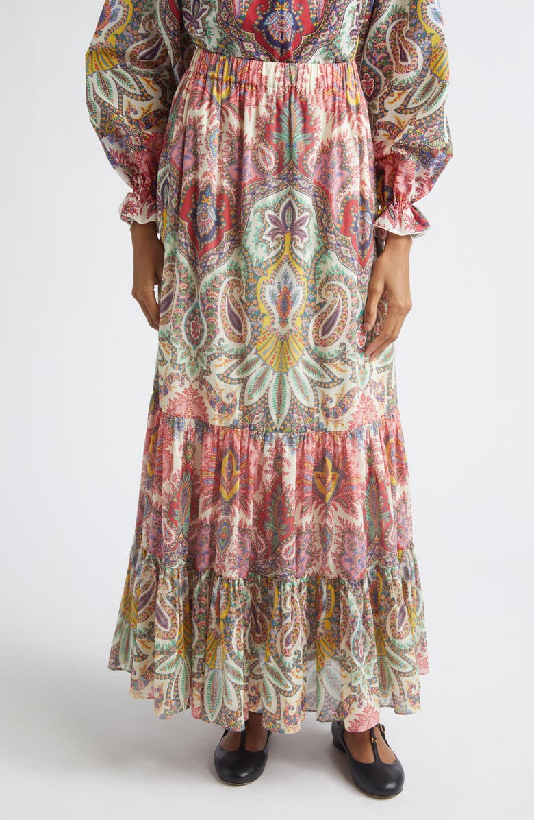 Etro Paisley Print Cotton Tiered Maxi Skirt, Main, color, Print On White Base