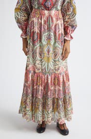 Etro Paisley Print Cotton Tiered Maxi Skirt