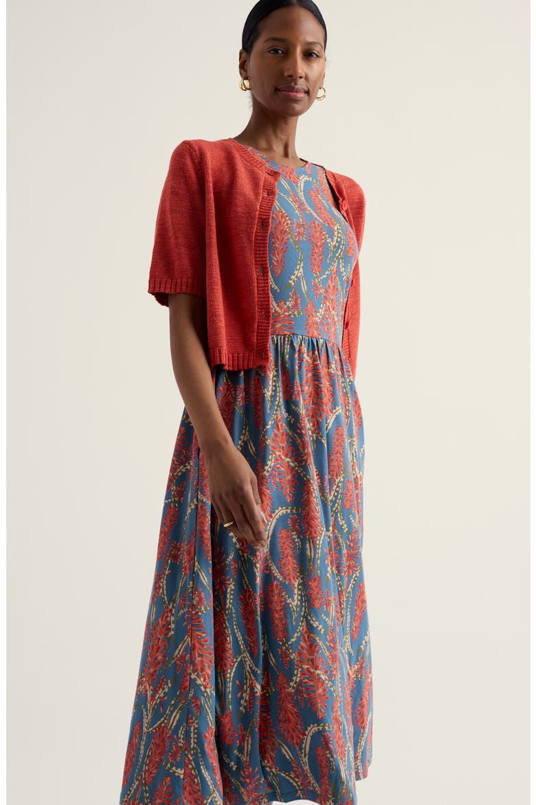 Porthmeor Wave Floral Stretch Organic Cotton Jersey Midi Dress, Alternate, color, RED HOT POKER DUSK