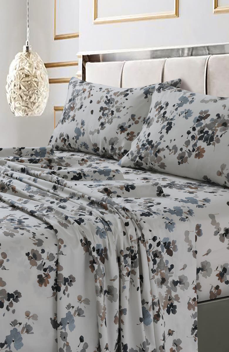 AZORES HOME Lisbon Printed 300 Count Cotton Sheet Set, Alternate, color, Grey