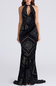 HOUSE OF CB Oliviana Cutout Foil Devoré Halter Gown