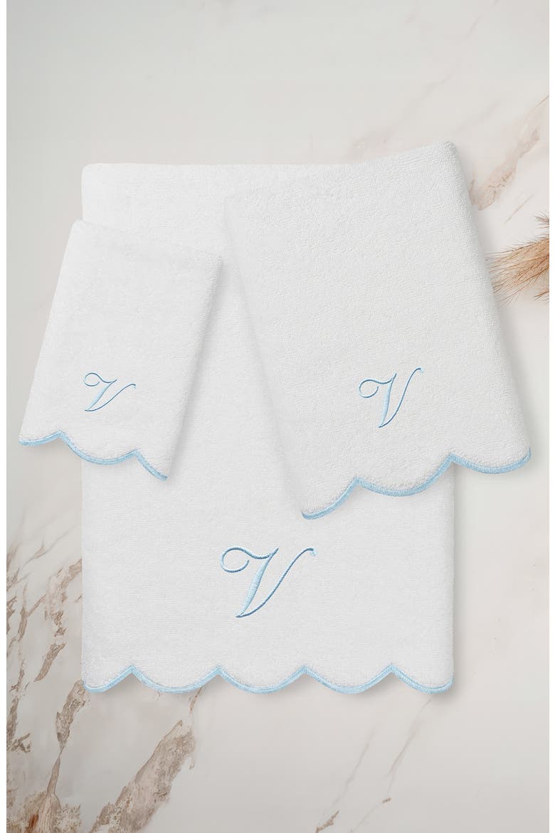 Adornia Scallop Personalized 3-Piece Towel Set, Alternate, color, WHITE/ BLUE V