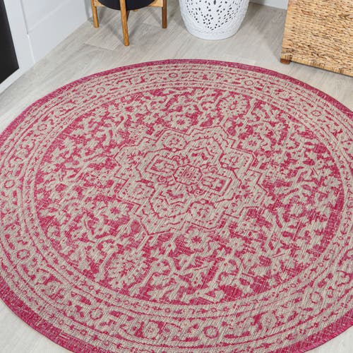 Jonathan Y Sinjuri Medallion Textured Weave Indoor/outdoor Round Area Rug In Fuchsia/light Gray