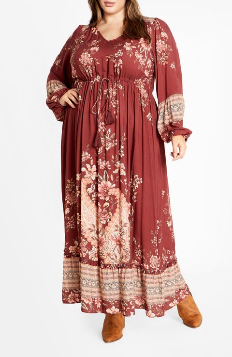 Destiny Placed Print Long Sleeve Maxi Dress (Plus)