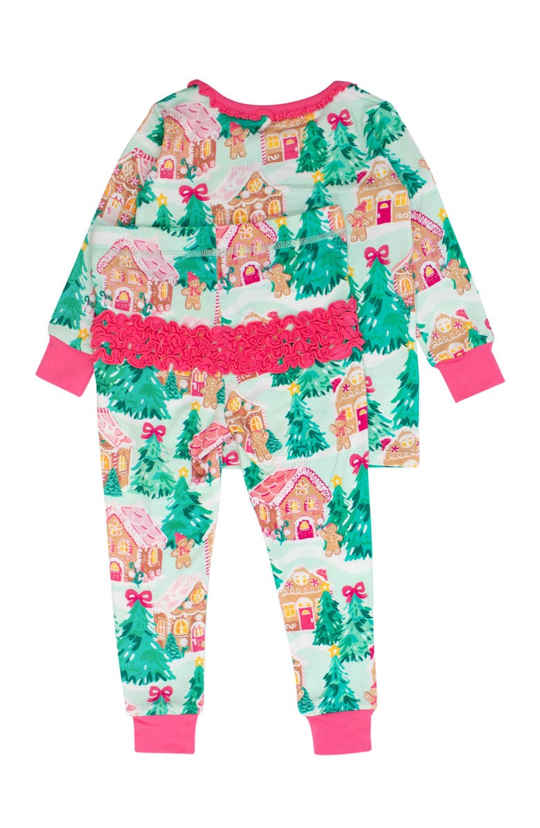 RuffleButts SoftSnooze Ruffle Long Sleeve Pajama Set, Signature Rear Ruffles, Alternate, color, Pink Jolly Gingerbread