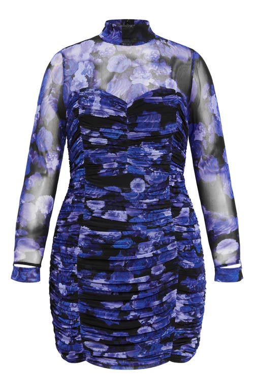 City Chic Robin Print Ruched Long Sleeve Body-con Dress In Blue