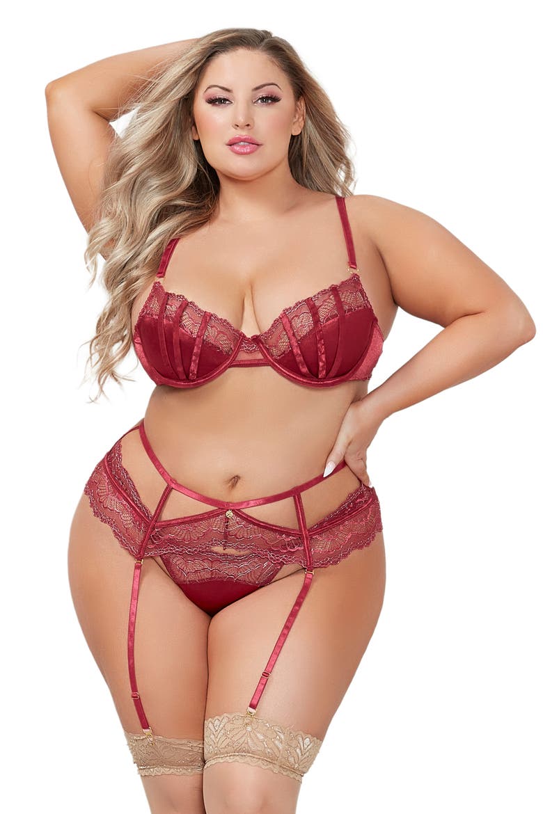 Lace Underwire Bra, Garter Belt & G-String Set, Alternate, color, WINE