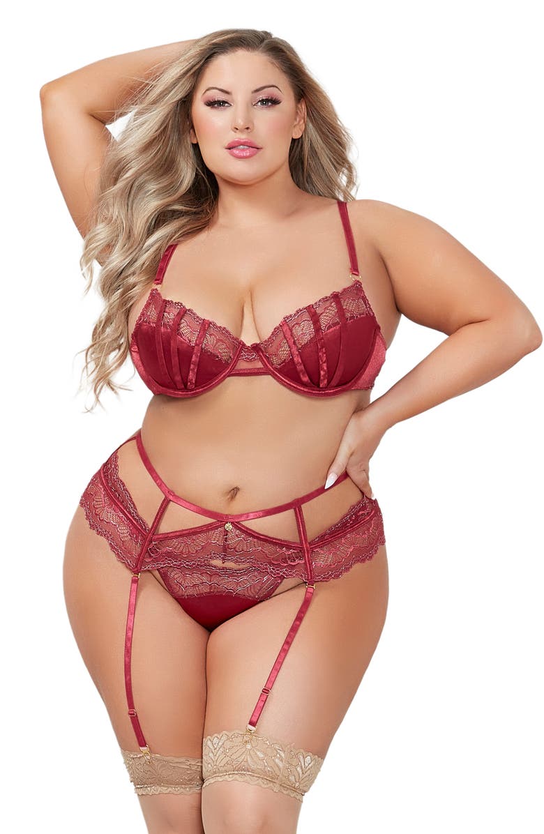 Seven ‘til Midnight Lace Underwire Bra, Garter Belt & G-String Set, Alternate, color, Wine