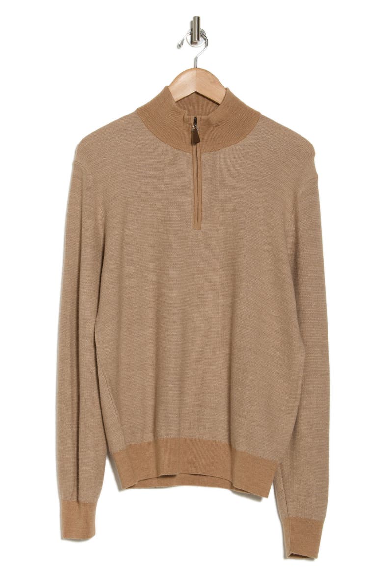 Piqué Merino Wool Feeder Stripe Quarter Zip Pullover, Alternate, color, CAMEL BEIGE