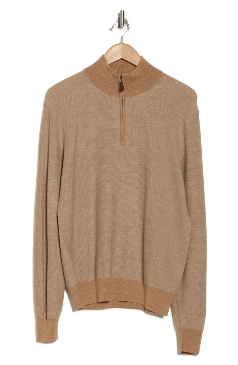 Bruno Magli Piqué Merino Wool Feeder Stripe Quarter Zip Pullover, Alternate, color, Camel Beige