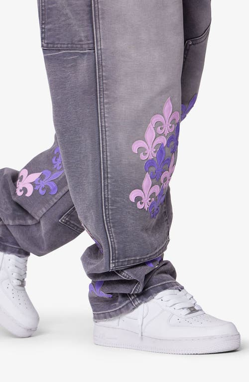 Mnml Embroidered Fleurs De Lis Double Knee Ultra Baggy Jeans In Gray
