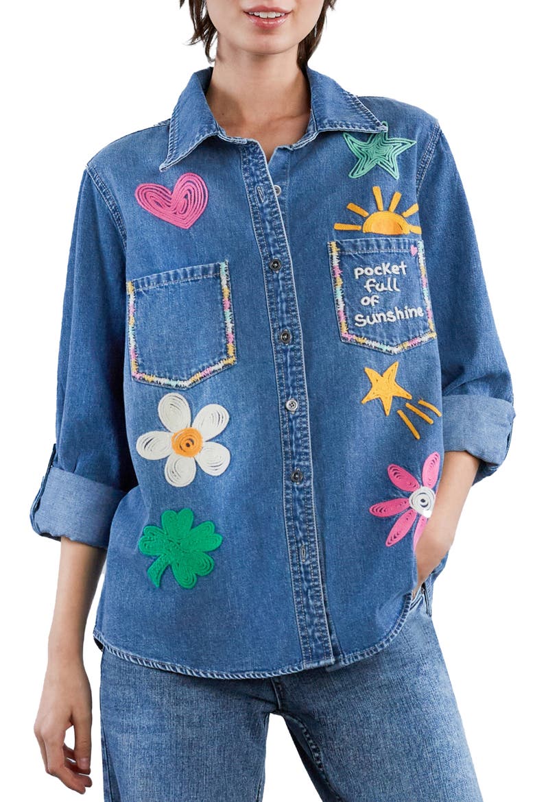Pocketful of Sunshine Embroidered Denim Graphic Button-Up Shirt, Main, color, VINTAGE DENIM